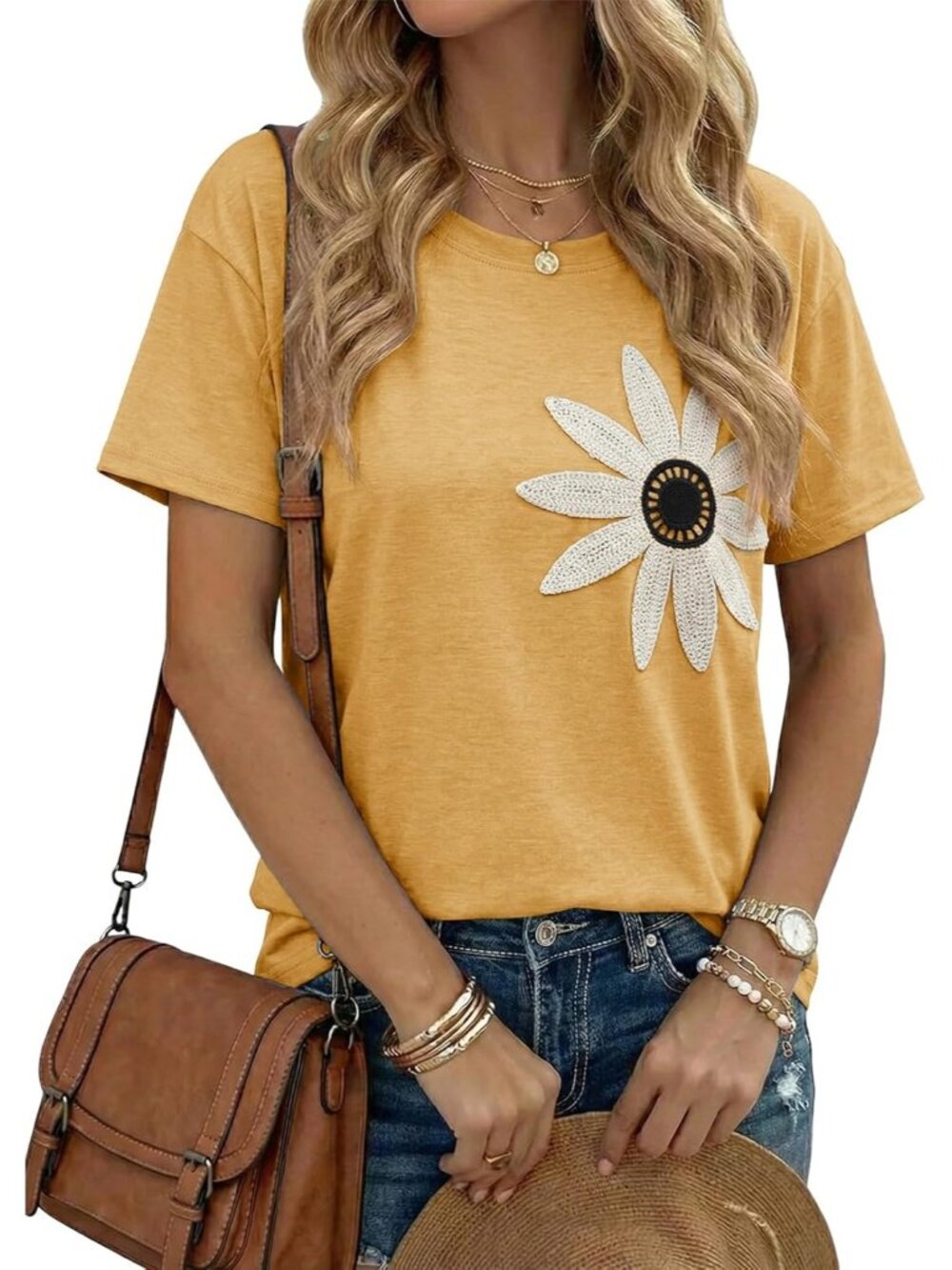 Women's Ginger Crew-neck Short Sleeve Flower Embroidery Drop Shoulder Top